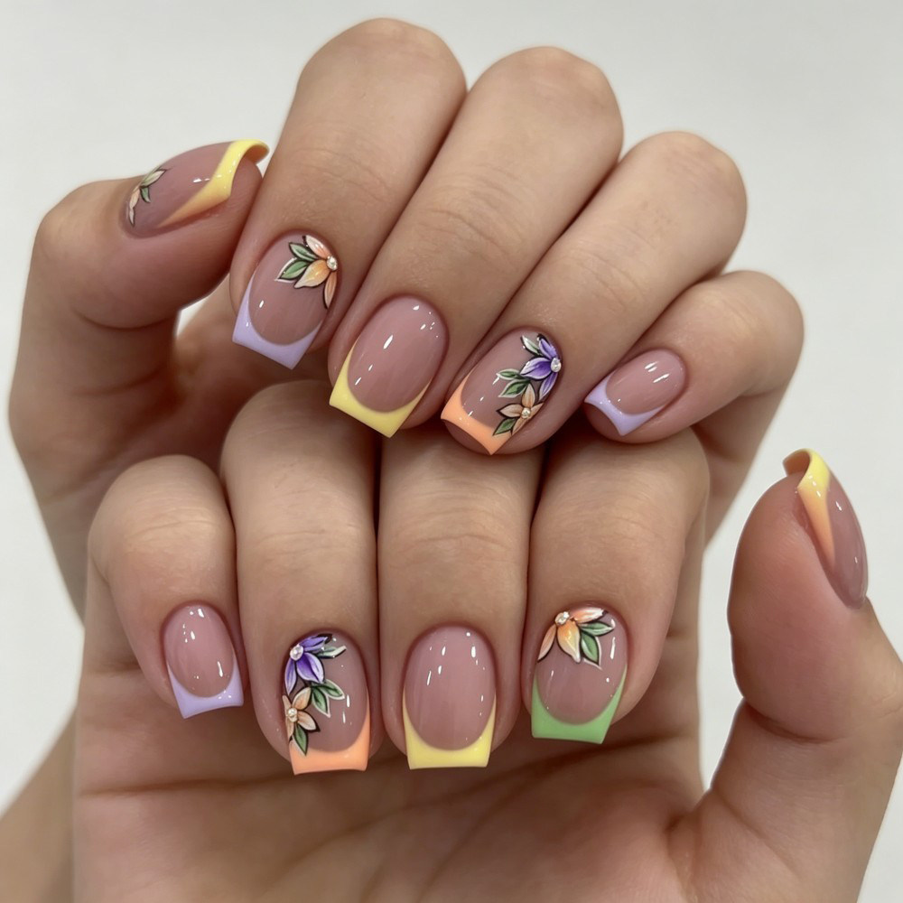 Nail Art Fake Nails - 24 stuks roze bloemenprint Franse tip