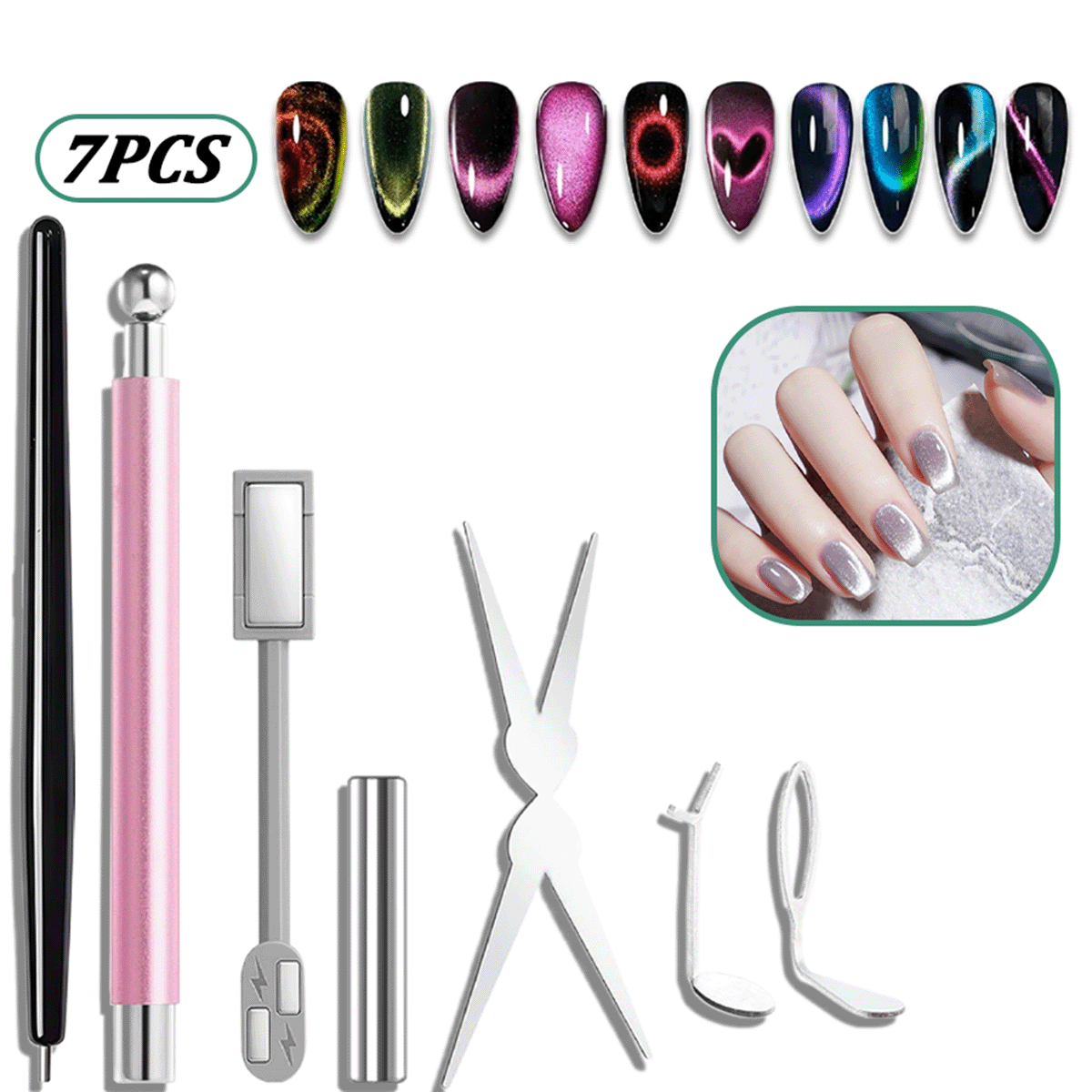 Nail Art Full Color - 7-delige Cat Eye Nagelmagneetset, Magnetische Nagelkunst