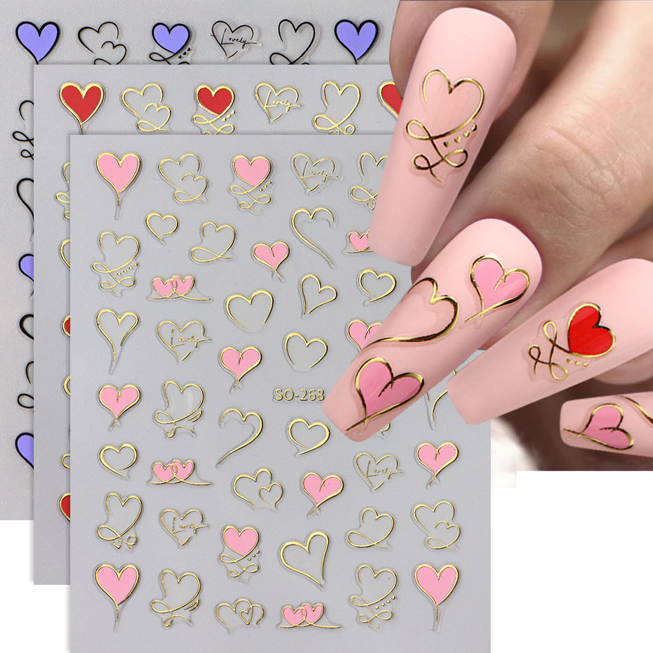 Nail Art Valentine - 3pcs Y2K Gold Wave Line Heart