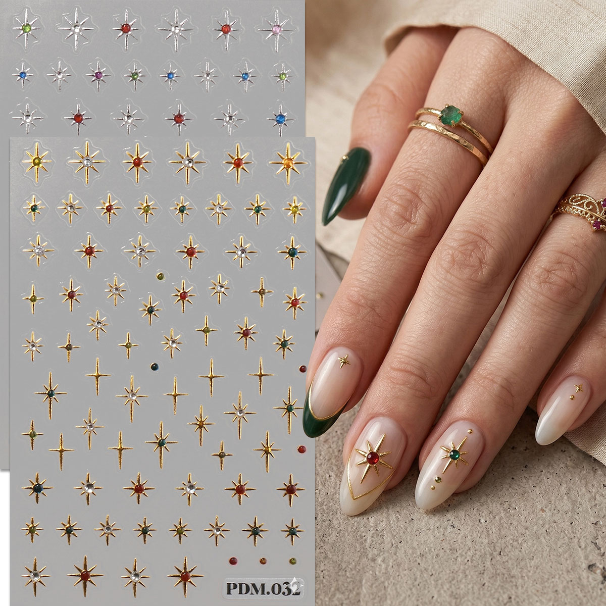 Nail Art Ramadan - Gouden zilveren sterburst nagelkunst stickers, Y2K